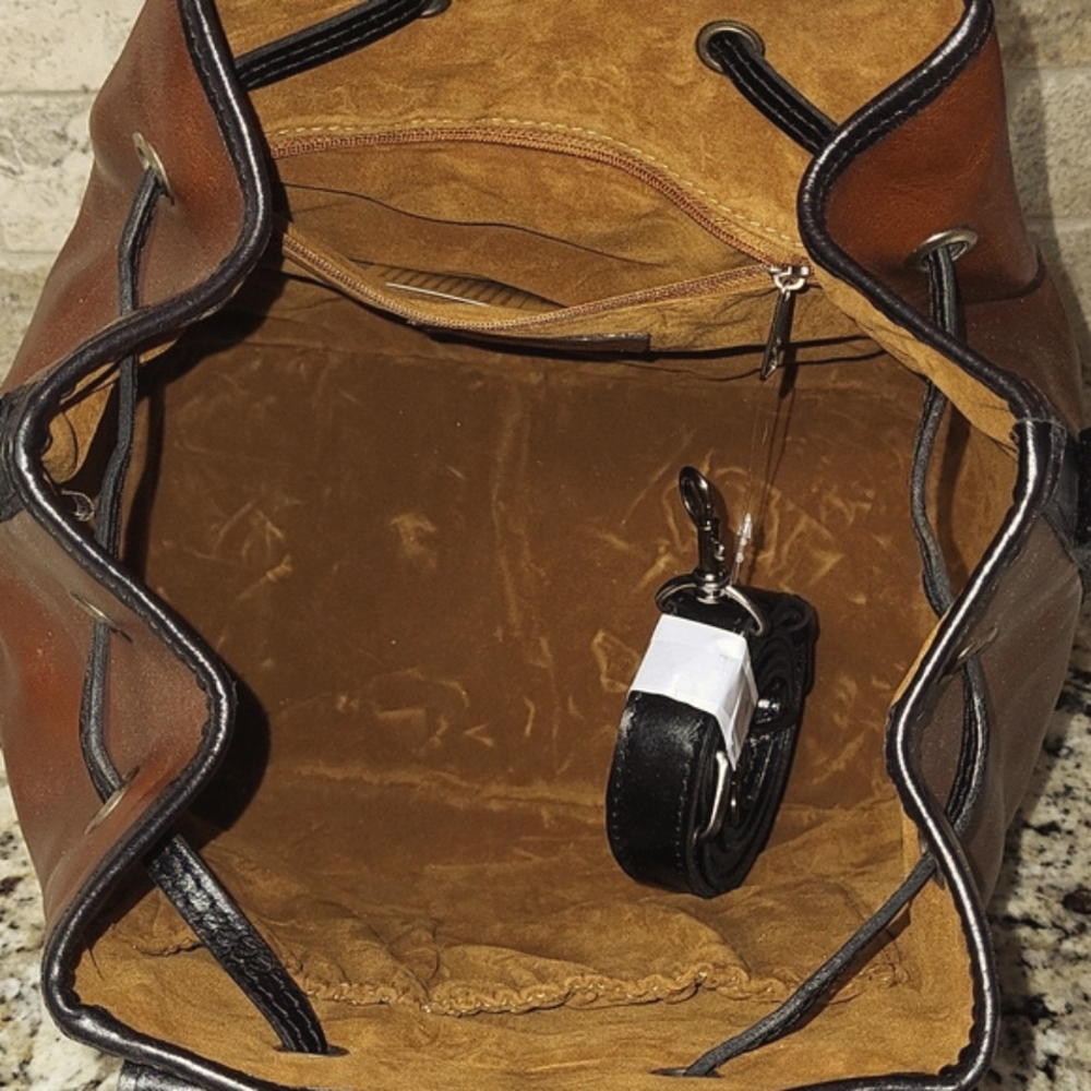 Patricia Nash Brown and Black Leather Drawstring Bucket Bag - Picture 13 of 16